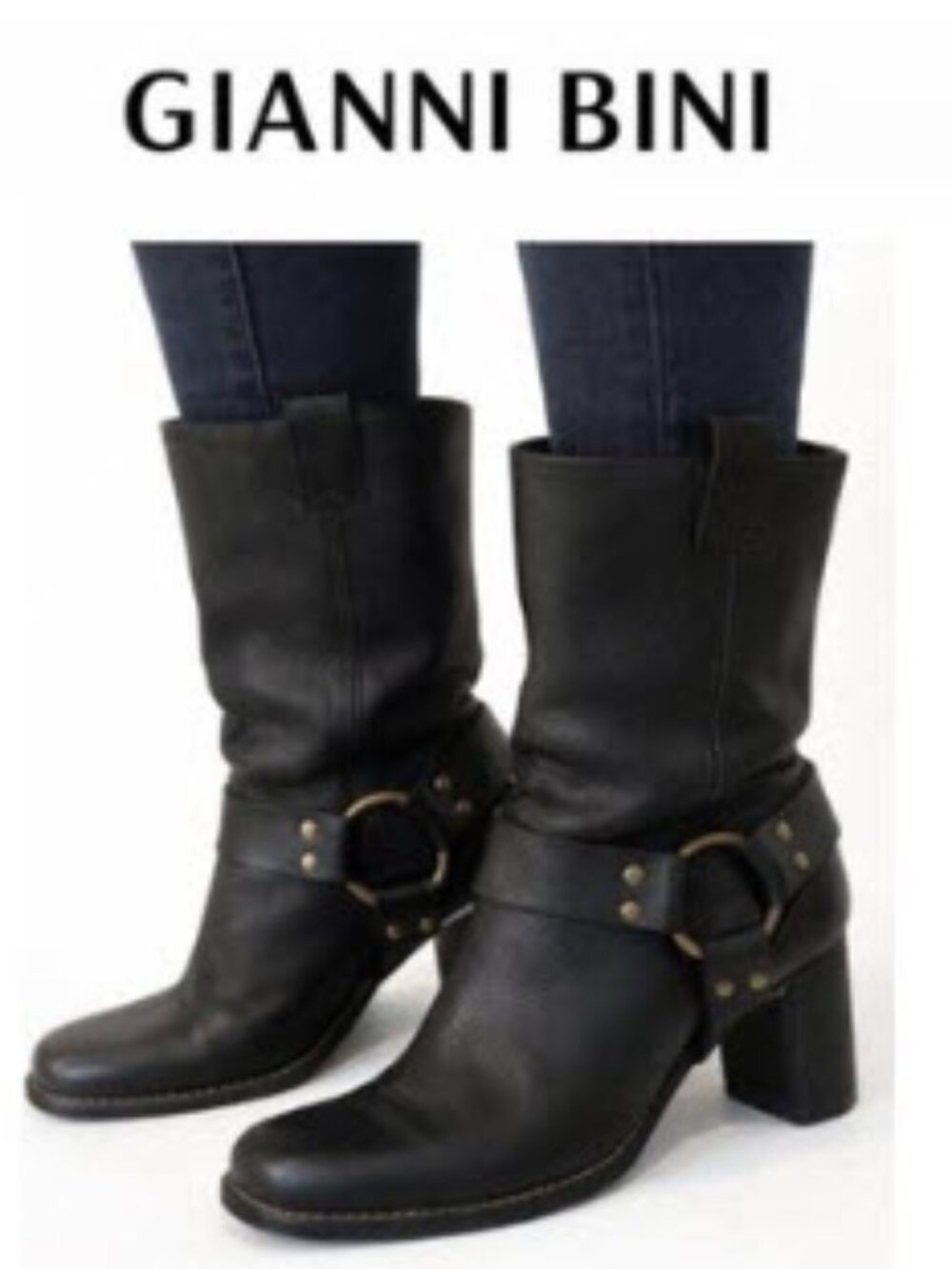 Gianni Bini Black Moto Harness Heel Boots Size 7 Leather Mid Calf Western